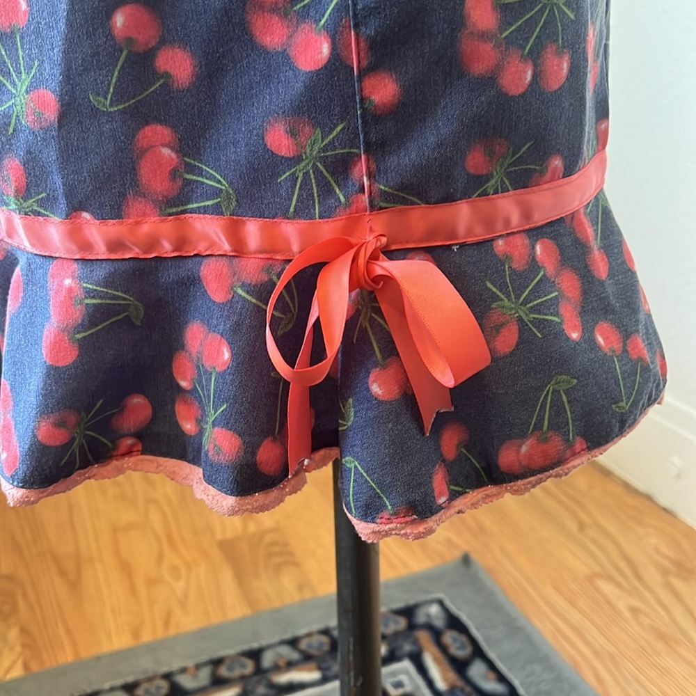 Bettie Page Las Vegas Blue Dress w Cherry Print and Pink Ribbons — Sz S - Picture 3 of 10